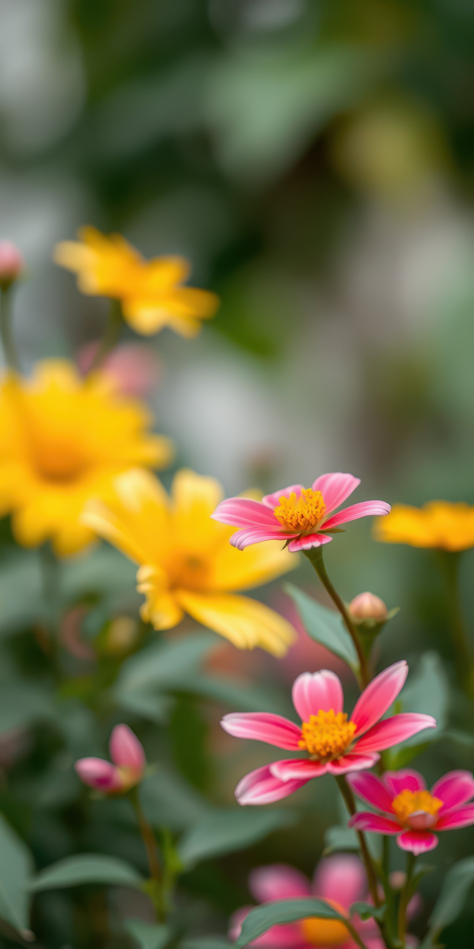 Colorful flowers bloom in a garden showcasing vibrant pink and yellow petals during a sunny afternoon